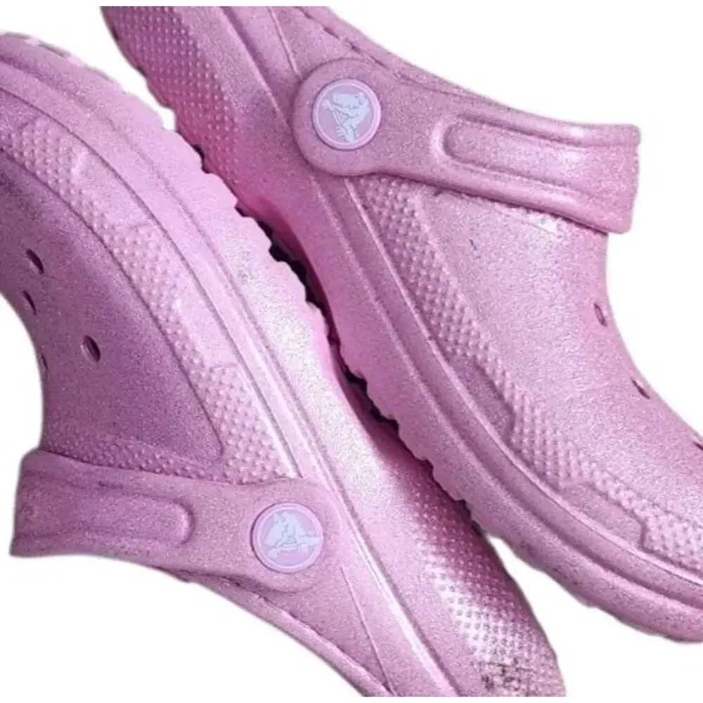 Crocs Classic Lined Glitter Clog Size J 1 Pink Tweed.